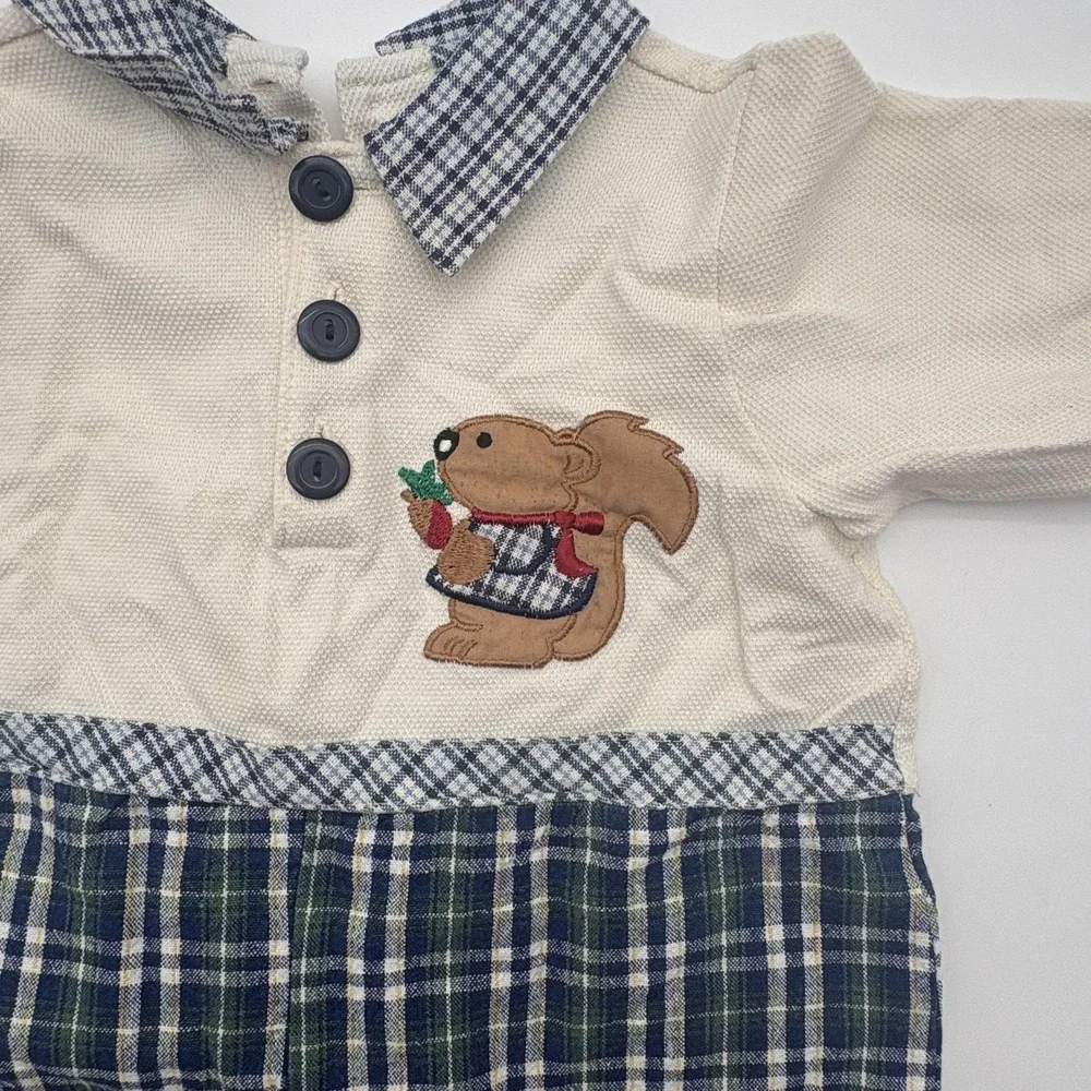 Plaid Squirrel Coverall Boys 6-9 Months Blue Collared Knit Button One Piece‎